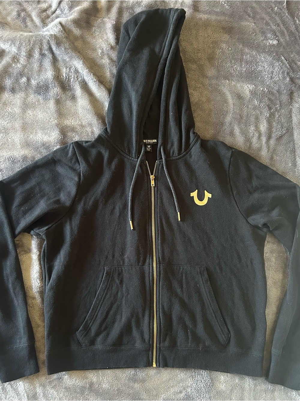 True Religion Black Zip Hoodie with Gold Horseshoe